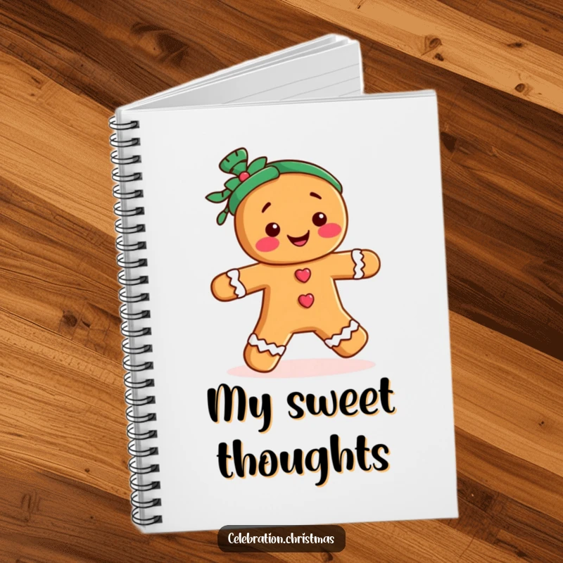 Funny notebook featuring a gingerbread person character doing a merry jig, perfect for writing recipes or notes.
