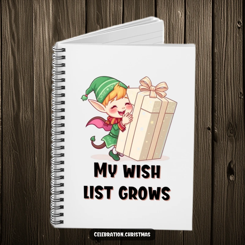 Funny notebook featuring a cute elf joyfully wrapping a giant, glittery present, perfect for holiday notes.