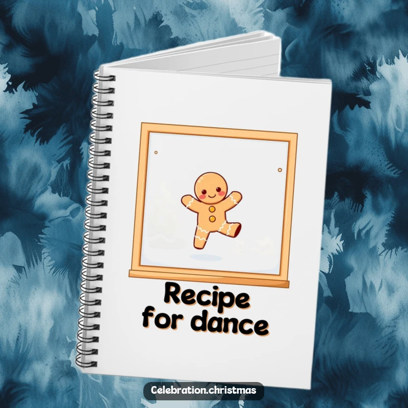Funny, joyful kawaii gingerbread person playfully dancing on a frosted window pane on a notebook.
