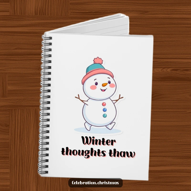 Funny notebook with a snowman character wearing a tilted hat and waddling with delight, perfect for notes or winter journaling.