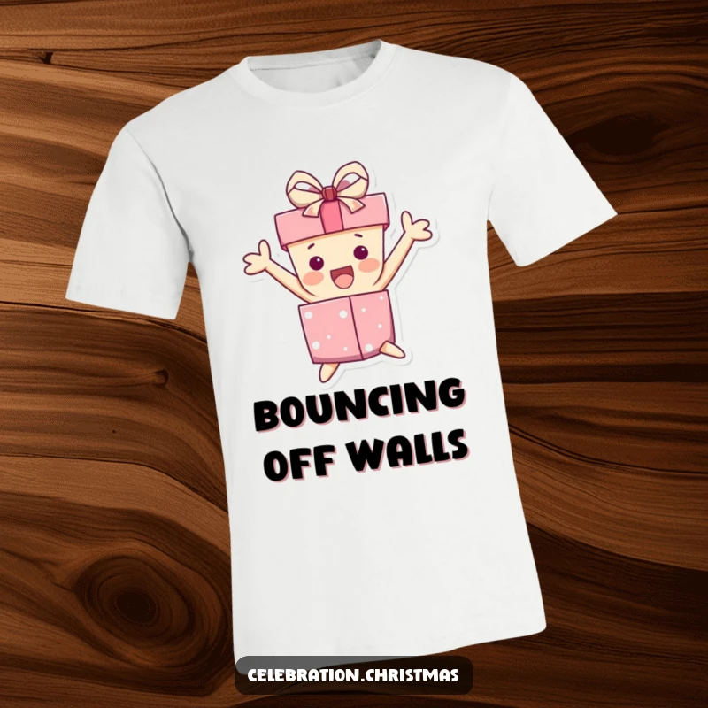 Funny t-shirt featuring a gift box character leaping with pure excitement, its ribbon askew, embodying joy and playful energy.
