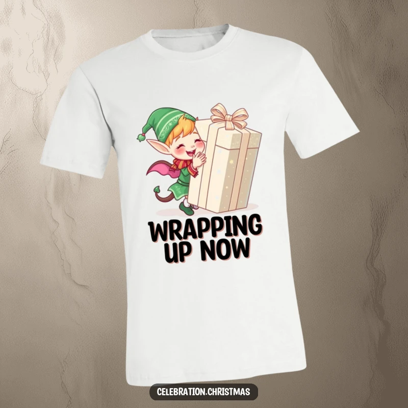 Funny t-shirt showing a cute elf character joyfully wrapping a large, glittery present, embodying festive spirit.