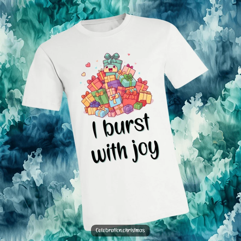 Funny T-Shirt: Pile of brightly wrapped gifts comically bouncing with excitement, conveying pure festive energy and playful chaos.