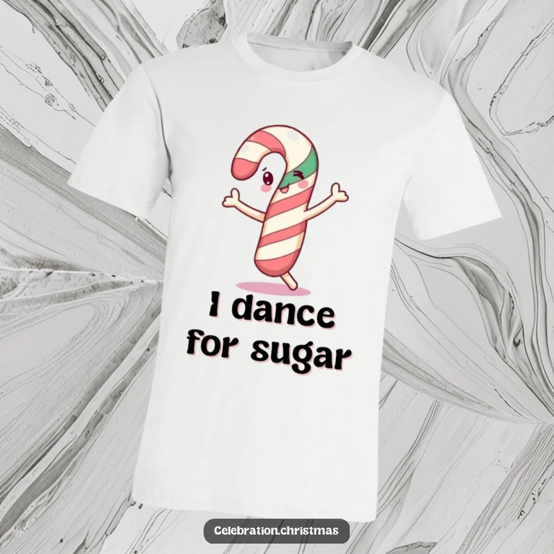 Funny cheerful candy cane t-shirt doing a little dance, ideal for holidays and as a funny gift.