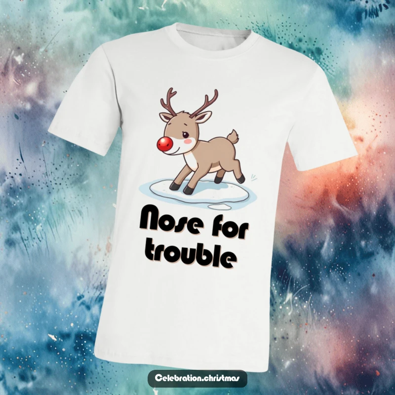 Funny reindeer t-shirt, depicting a reindeer with a bright red nose comically slipping on a slippery ice patch.