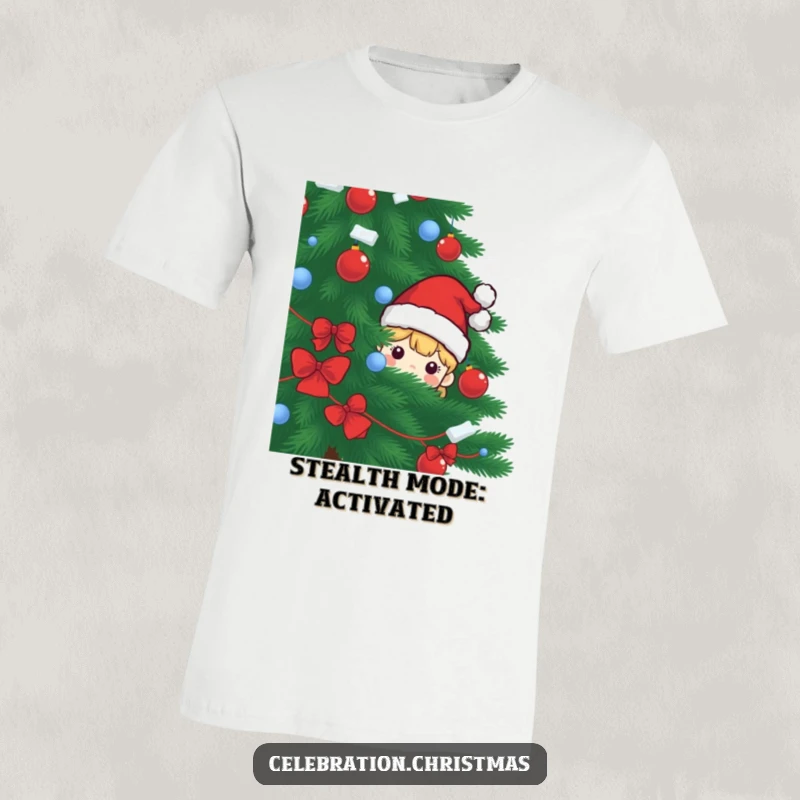 Funny t-shirt with a charming Santa hat character peeking mischievously from behind a decorated Christmas tree, embodying holiday fun.