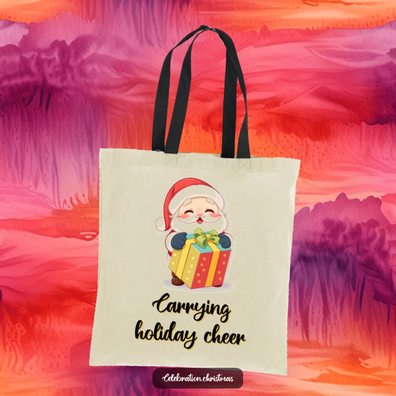 Funny tote bag designed with a cute Santa Claus character excitedly unwrapping a vibrant, beautifully wrapped gift.