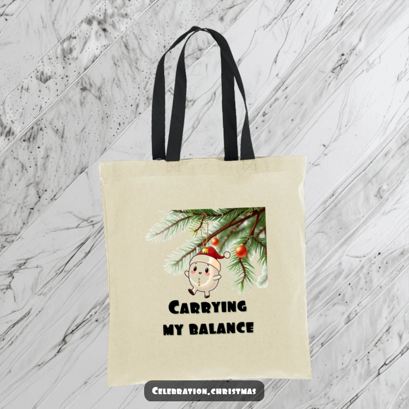 Funny tote bag featuring a Christmas ornament character mid-wobbly spin on a branch, great for holiday errands.