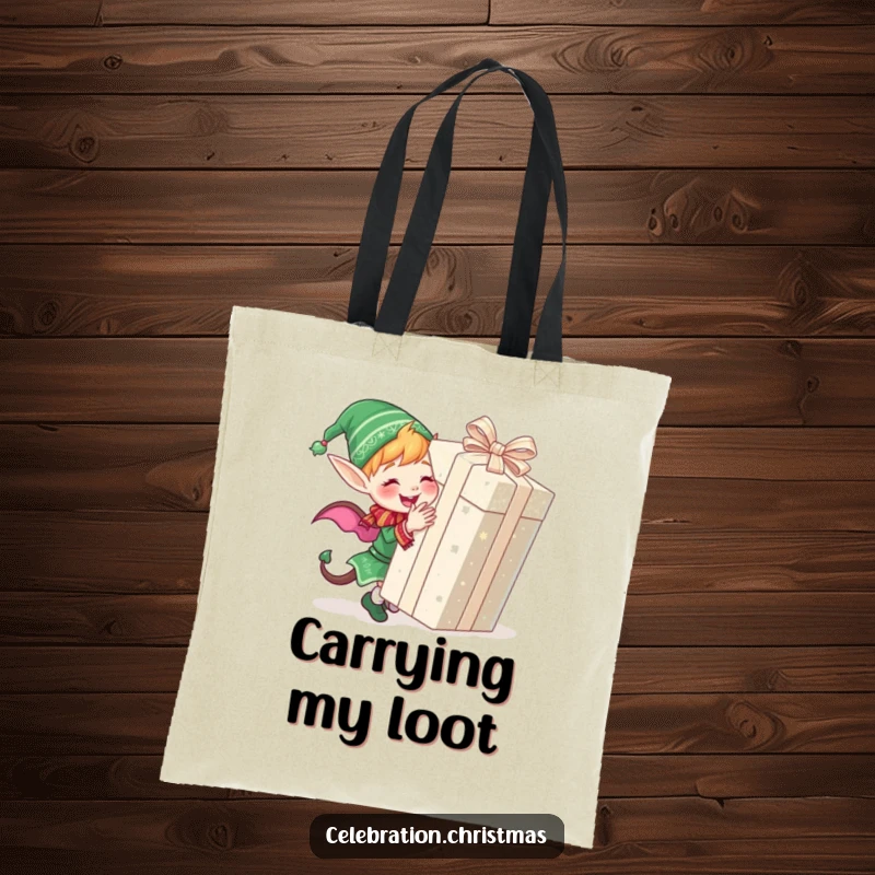 Funny tote bag with a cute elf joyfully wrapping a large, glittery present, perfect for holiday shopping.