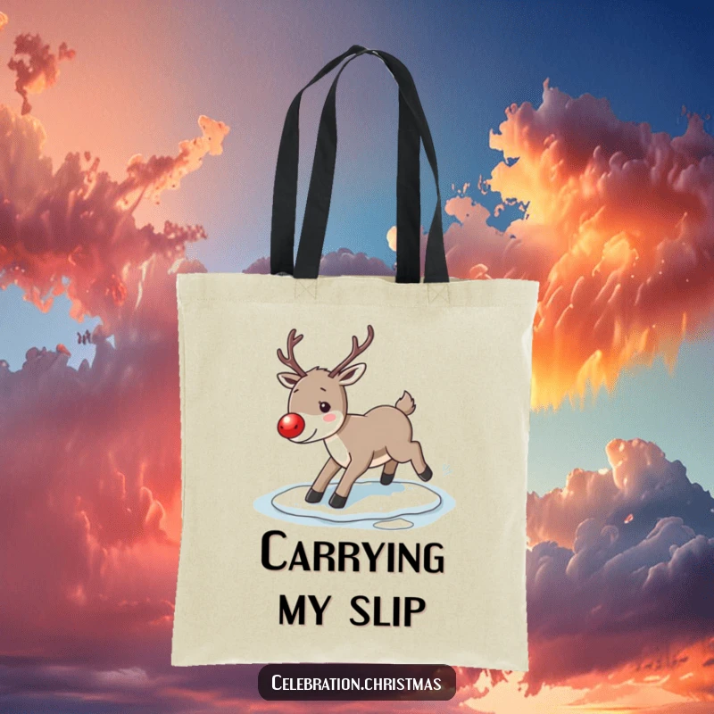 Funny reindeer tote bag, depicting a reindeer with a glowing red nose slipping comically on ice, ideal for holiday shopping.