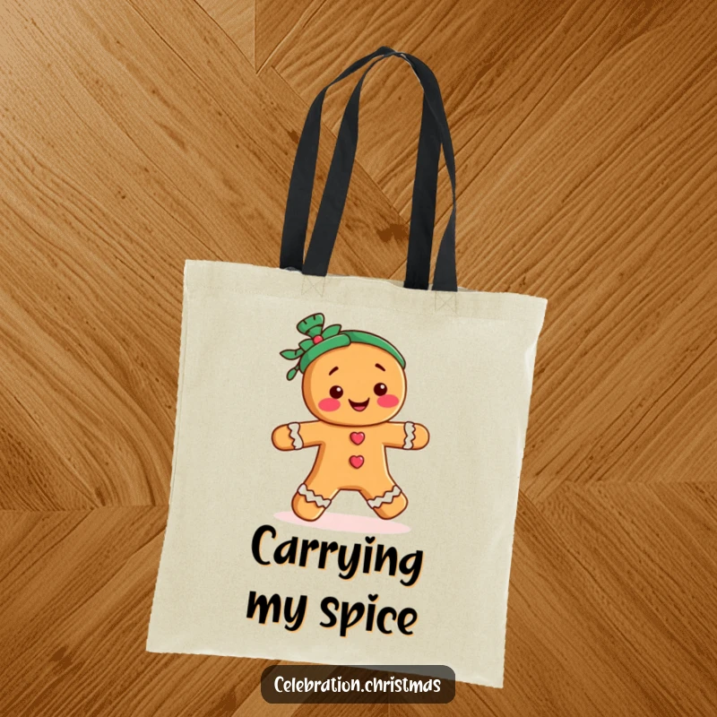 Funny tote bag showcasing a gingerbread person character in a merry jig, perfect for holiday shopping and carrying essentials.