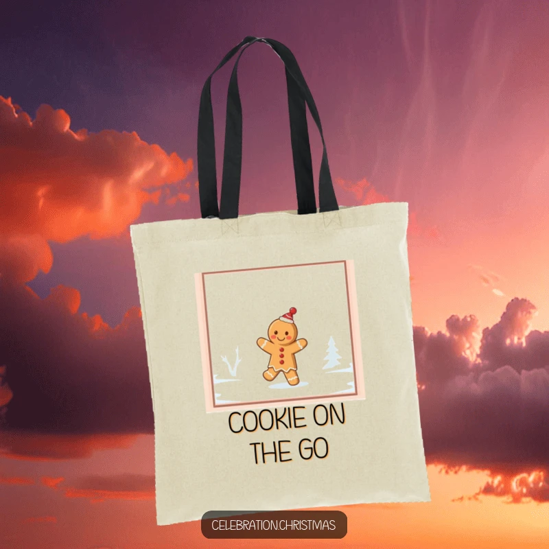 Funny gingerbread cookie tote bag, depicting a cookie dancing a jig on a frosty windowpane, ideal for carrying holiday items.