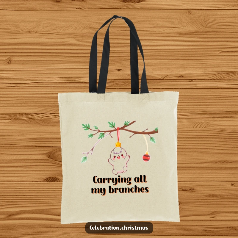 Funny Tote Bag with a cheerful ornament character in a playful spinning dangle from a branch, perfect for holiday shopping.