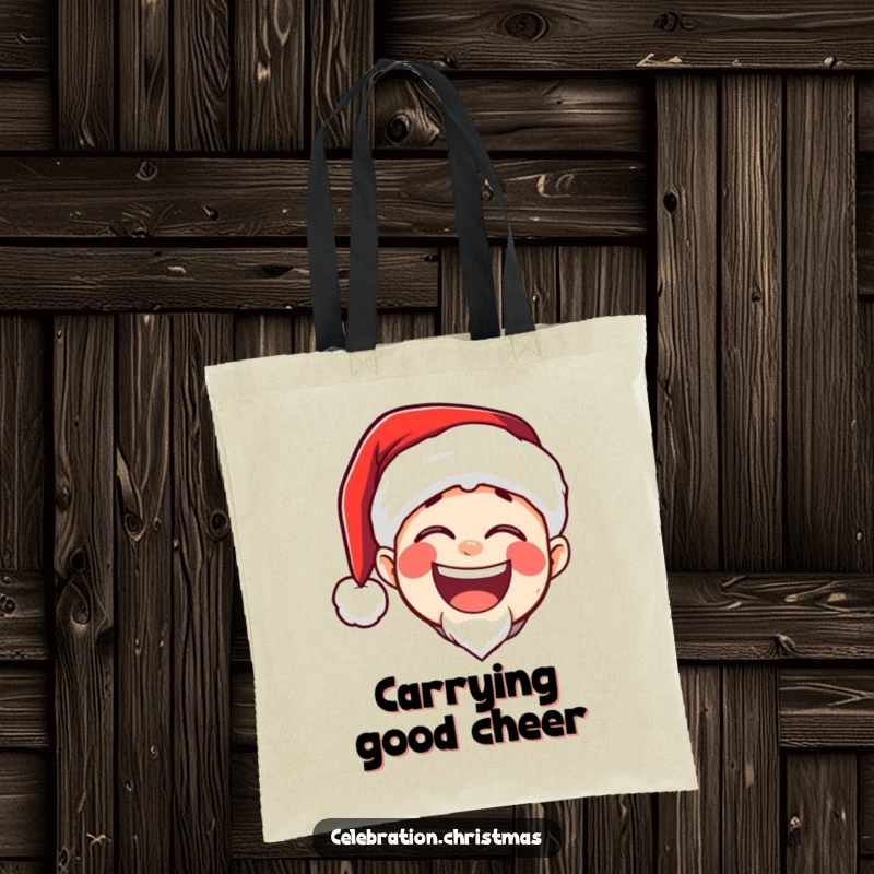 Funny tote bag featuring a character in a Santa hat with a big, booming, joyful laugh, perfect for holiday shopping and more.