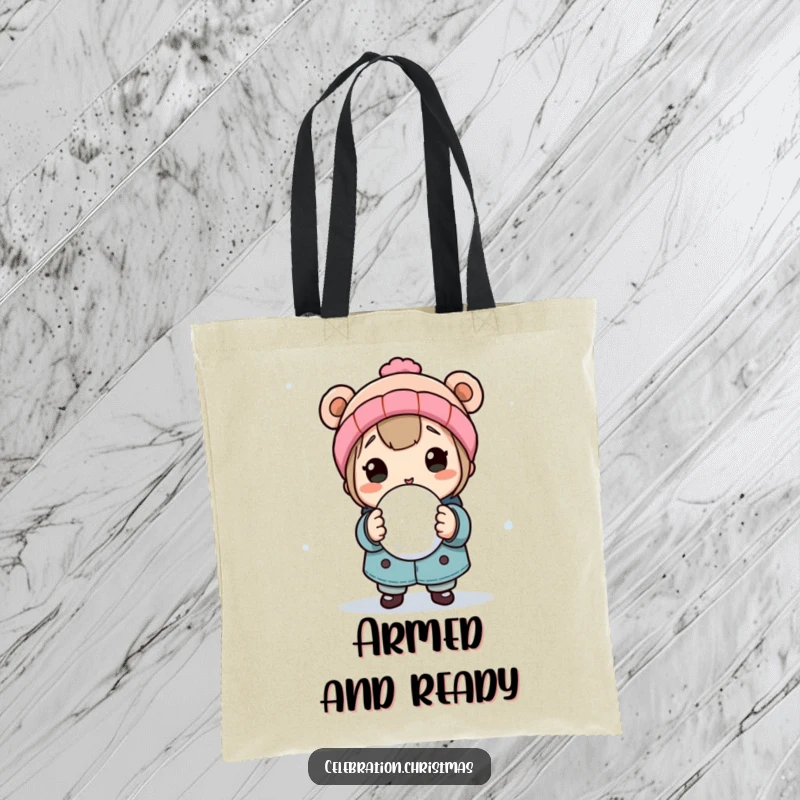 Funny tote bag decorated with a character holding a snowball, poised for a playful throw, perfect for carrying essentials with winter flair.