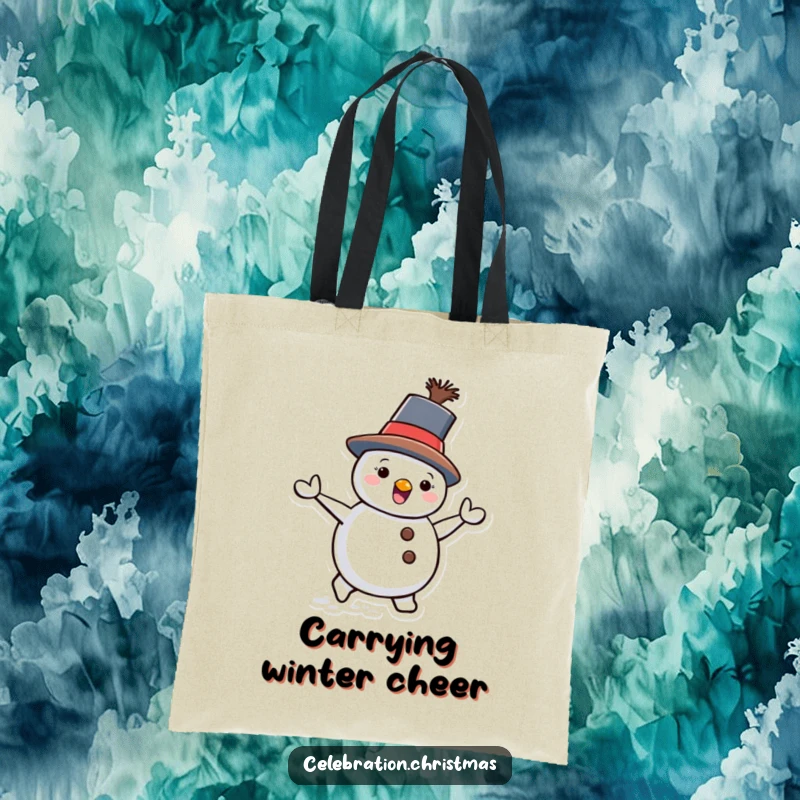 Funny Snowman Tote Bag showing a snowman waddling with a tilted hat, great for cheerful, everyday use.