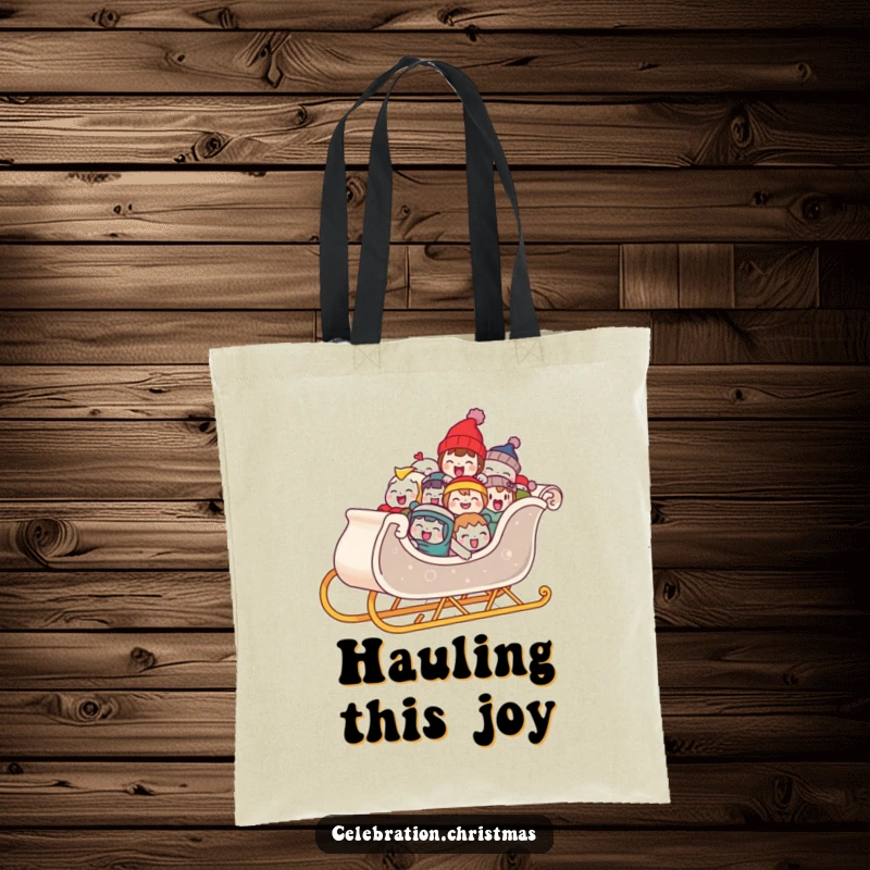 Funny tote bag decorated with a sleigh overflowing with laughing characters, perfect for carrying essentials with festive flair and holiday spirit.